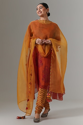 Hot Red Organza Kalidar Kurta Set by Neither Nor