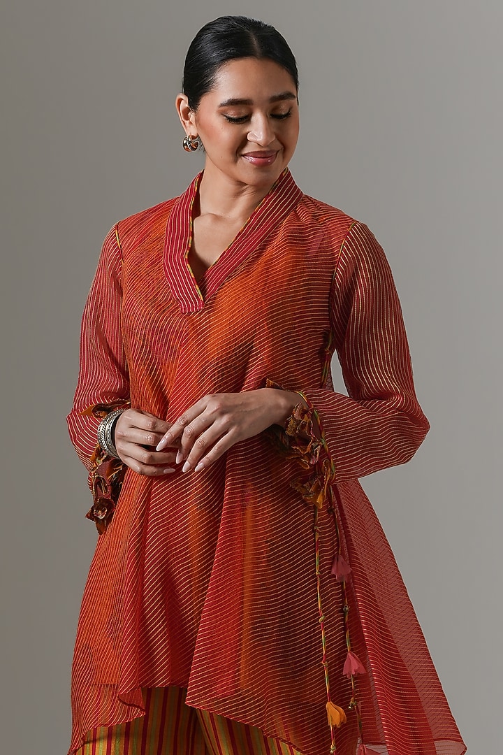 Hot Red Organza Paisley Boota Kurta Set by Neither Nor at Pernia's Pop Up Shop