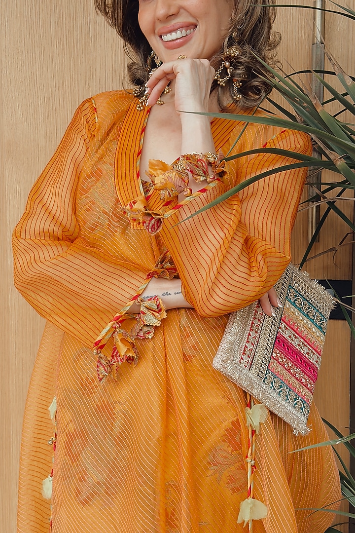 Sunset Gold Organza Paisley Boota Kurta Set by Neither Nor at Pernia's Pop Up Shop