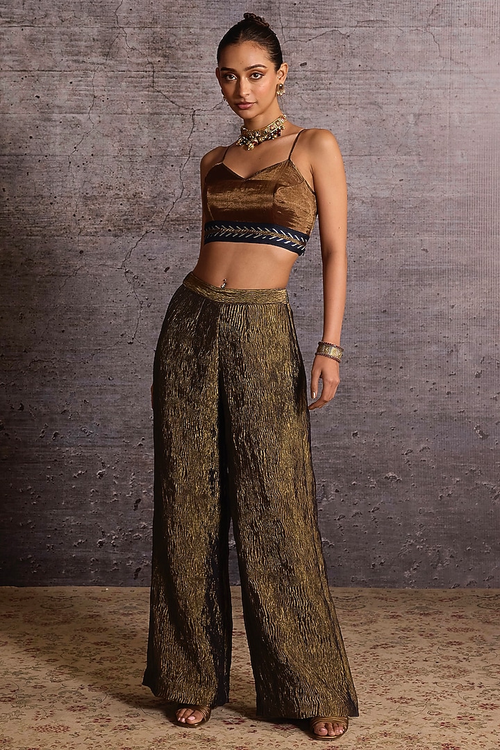 Copper Metallised Fiber & Tissue Wide-Legged Trousers by Neither Nor at Pernia's Pop Up Shop