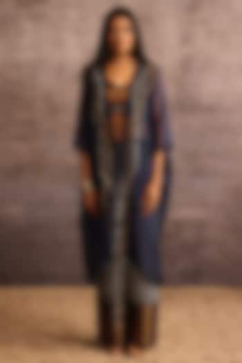 Blue Viscose & Silk Chevron Printed Wide-Legged Trousers by Neither Nor at Pernia's Pop Up Shop