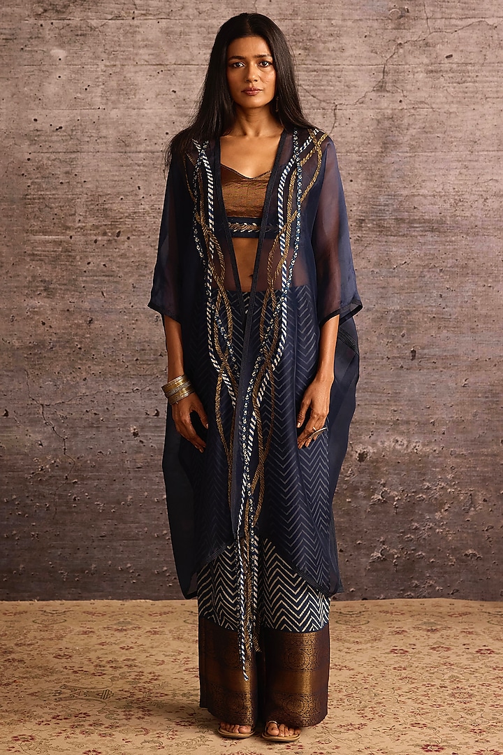 Blue Viscose & Silk Chevron Printed Wide-Legged Trousers by Neither Nor at Pernia's Pop Up Shop