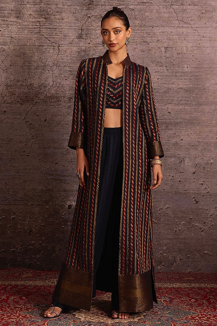 Burgundy & Indigo Blue Rayon Applique Embroidered Jacket by Neither Nor at Pernia's Pop Up Shop