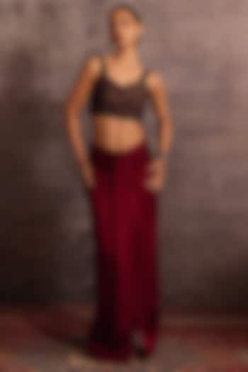 Burgundy Viscose Satin & Dupion Draped Skirt by Neither Nor at Pernia's Pop Up Shop