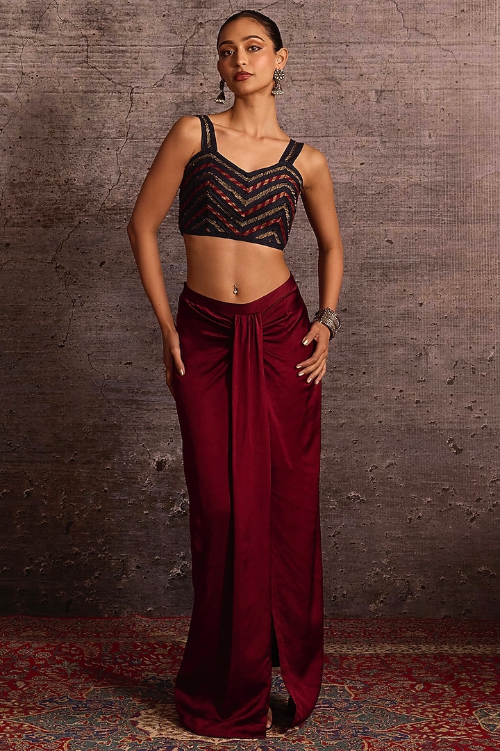 Burgundy Viscose Satin & Dupion Draped Skirt by Neither Nor at Pernia's Pop Up Shop