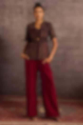 Burgundy Rayon Machine Embroidered Wide-Legged Trousers by Neither Nor at Pernia's Pop Up Shop