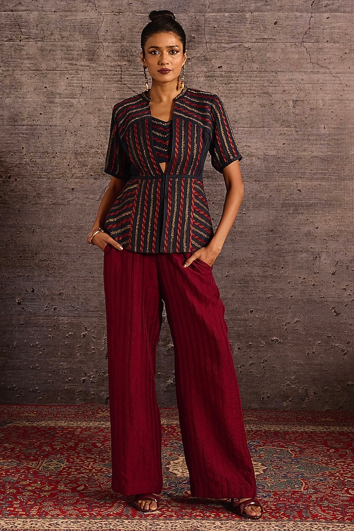 Burgundy Rayon Machine Embroidered Wide-Legged Trousers by Neither Nor at Pernia's Pop Up Shop
