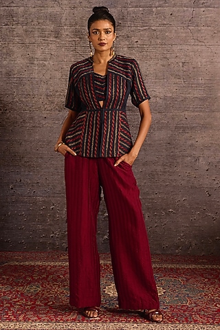 Burgundy Rayon Machine Embroidered Wide-Legged Trousers by Neither Nor