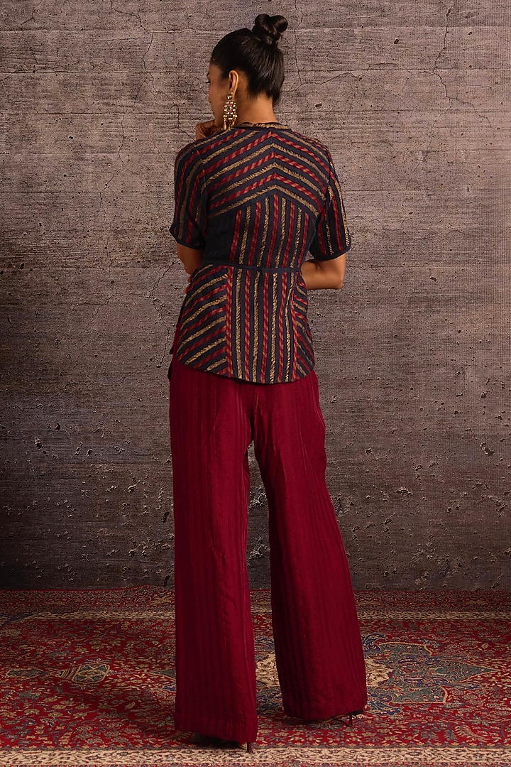Burgundy Rayon Machine Embroidered Wide-Legged Trousers by Neither Nor at Pernia's Pop Up Shop