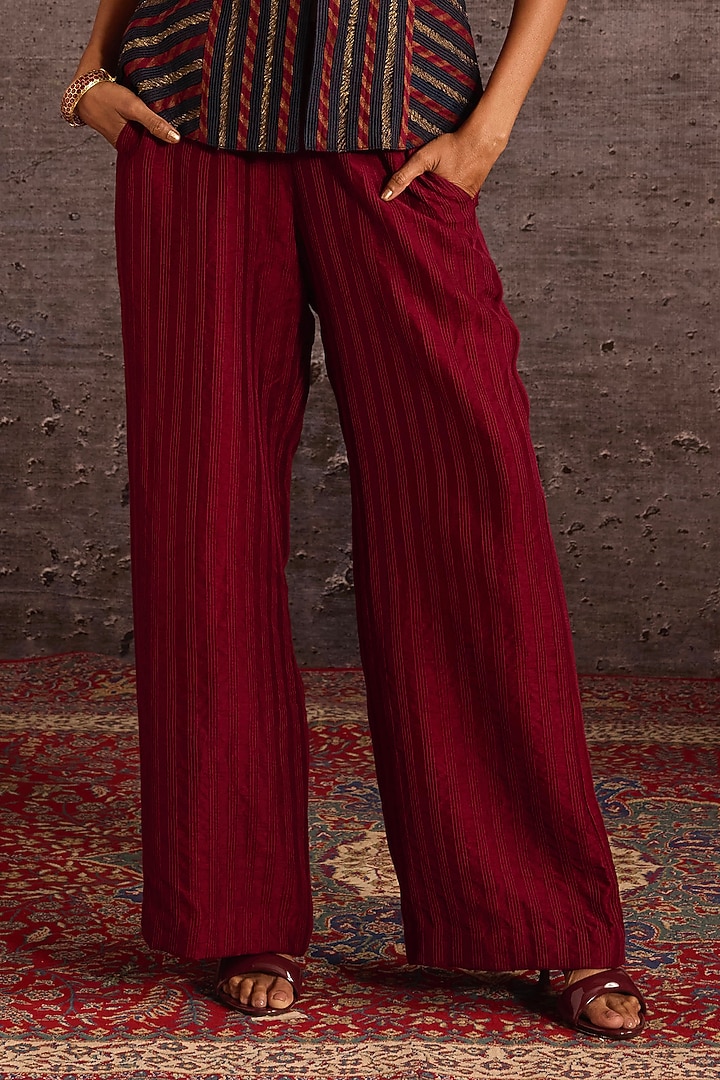 Burgundy Rayon Machine Embroidered Wide-Legged Trousers by Neither Nor at Pernia's Pop Up Shop