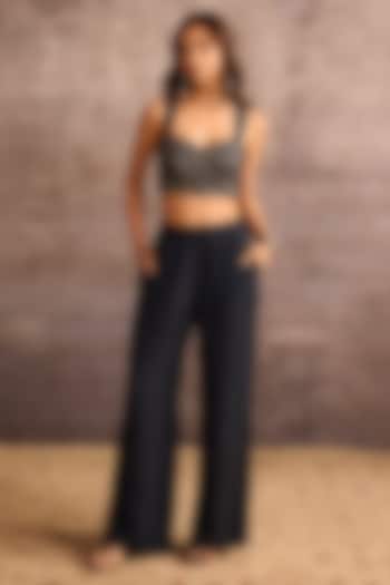 Indigo Blue Rayon Machine Embroidered Wide-Legged Trousers by Neither Nor at Pernia's Pop Up Shop