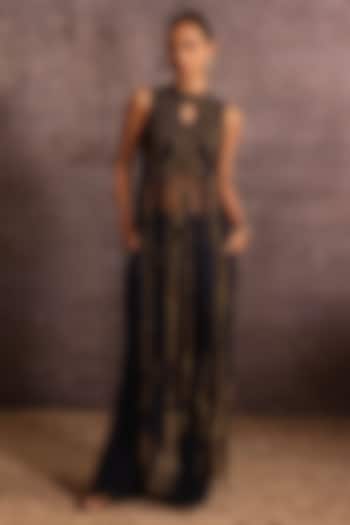 Indigo Blue & Copper Rayon Embroidered Fringed Top by Neither Nor at Pernia's Pop Up Shop