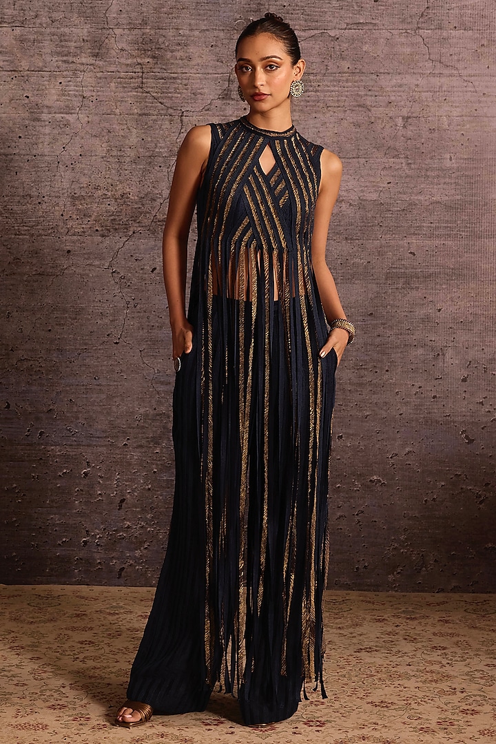 Indigo Blue & Copper Rayon Embroidered Fringed Top by Neither Nor at Pernia's Pop Up Shop