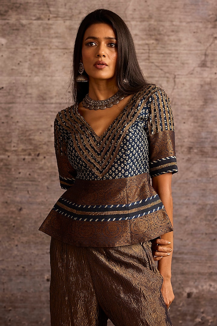 Indigo Blue Viscose & Silk Digital Printed Blouse Top by Neither Nor at Pernia's Pop Up Shop