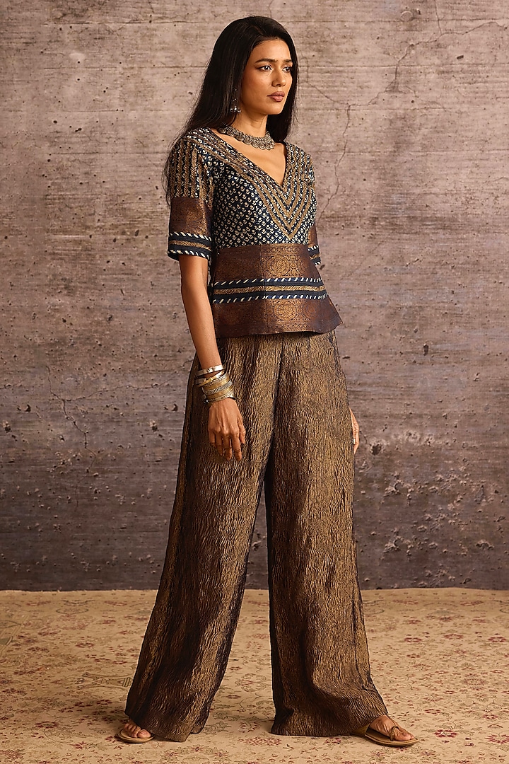 Indigo Blue Viscose & Silk Digital Printed Blouse Top by Neither Nor at Pernia's Pop Up Shop