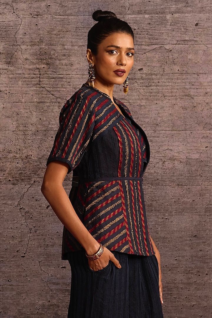 Burgundy & Indigo Blue Rayon Applique Embroidered Jacket by Neither Nor at Pernia's Pop Up Shop