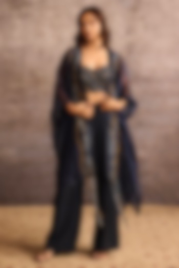 Indigo Blue Silk Organza Applique Embroidered Overlay by Neither Nor at Pernia's Pop Up Shop