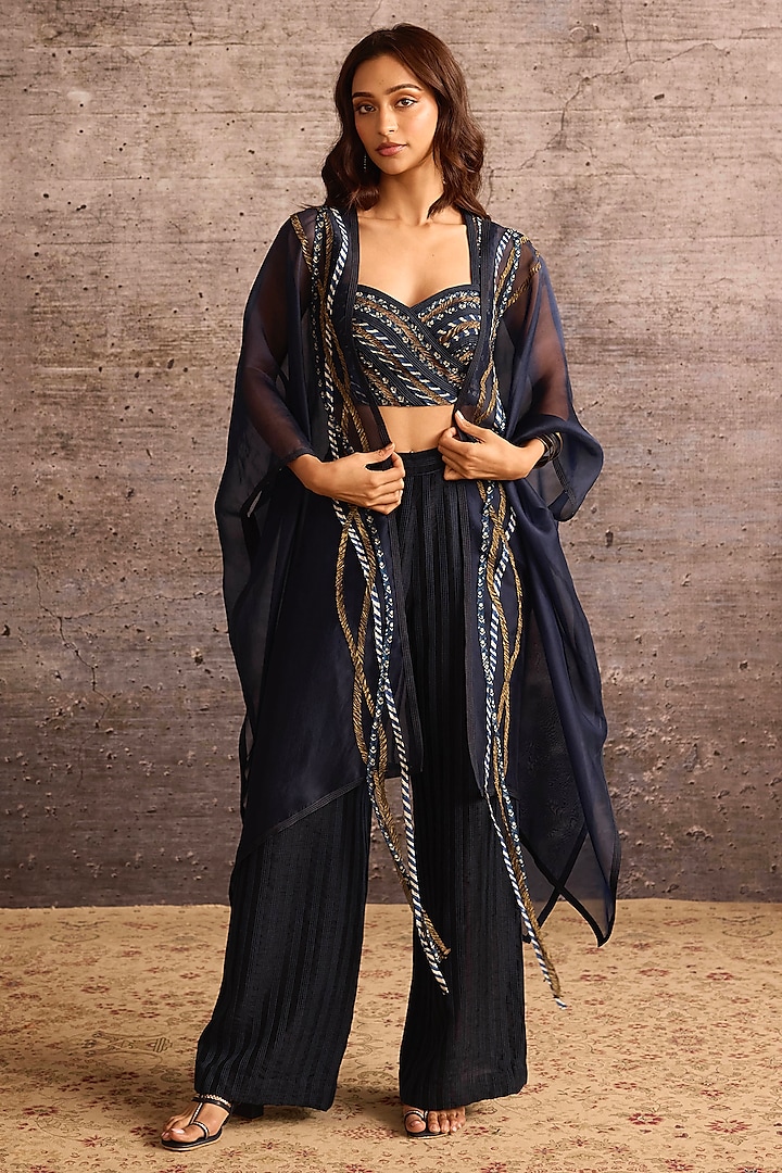 Indigo Blue Silk Organza Applique Embroidered Overlay by Neither Nor at Pernia's Pop Up Shop