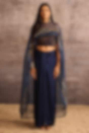 Indigo Blue Silk Organza Applique Embroidered Cape by Neither Nor at Pernia's Pop Up Shop