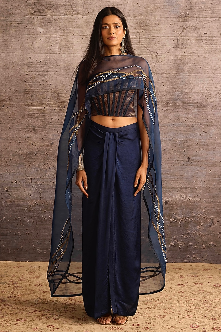 Indigo Blue Silk Organza Applique Embroidered Cape by Neither Nor at Pernia's Pop Up Shop