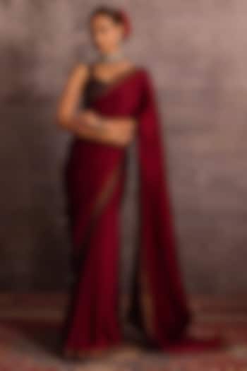 Burgundy Georgette Satin Applique Embroidered Party Wear Saree by Neither Nor at Pernia's Pop Up Shop