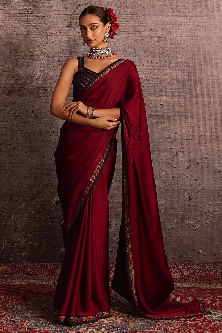 Burgundy Georgette Satin Applique Embroidered Party Wear Saree by Neither Nor at Pernia's Pop Up Shop