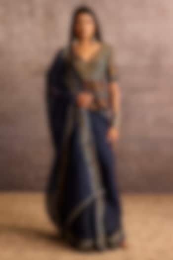 Indigo Blue Silk Organza Applique Embroidered Wedding Saree by Neither Nor at Pernia's Pop Up Shop