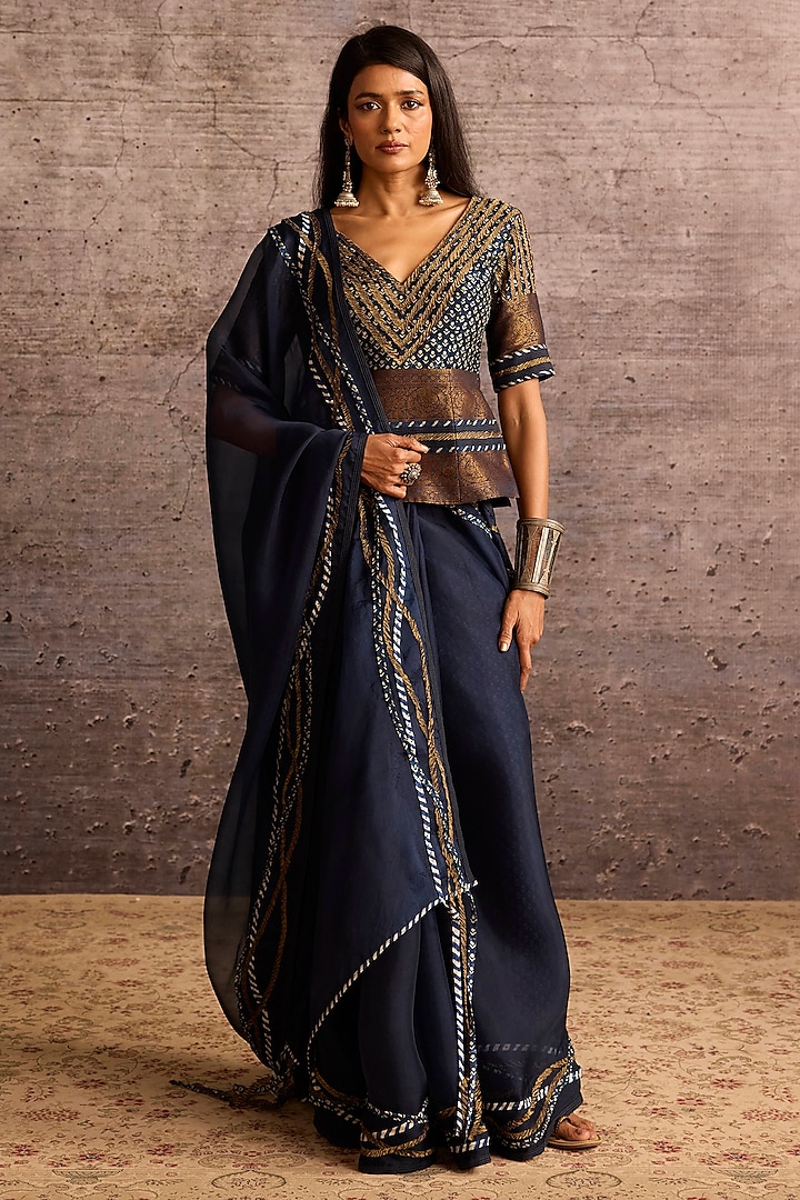 Indigo Blue Silk Organza Applique Embroidered Wedding Saree by Neither Nor at Pernia's Pop Up Shop