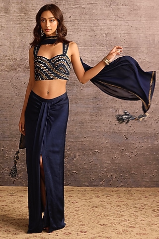 Indigo Blue Georgette & Silk Embroidered Dupatta by Neither Nor