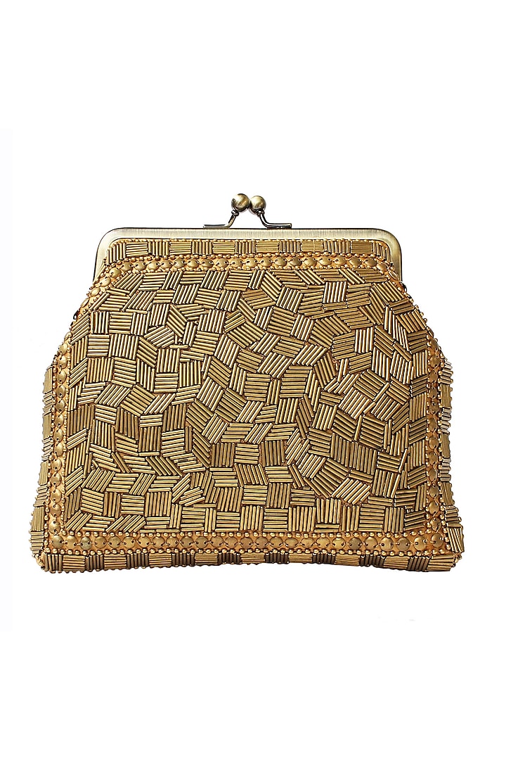 Gold Bugle Beads Embroidered Clutch by Neonia