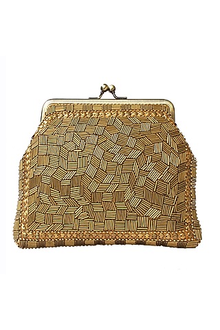 Gold Bugle Beads Embroidered Clutch by Neonia
