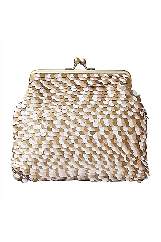 Peach, White & Gold Embroidered Clutch by Neonia