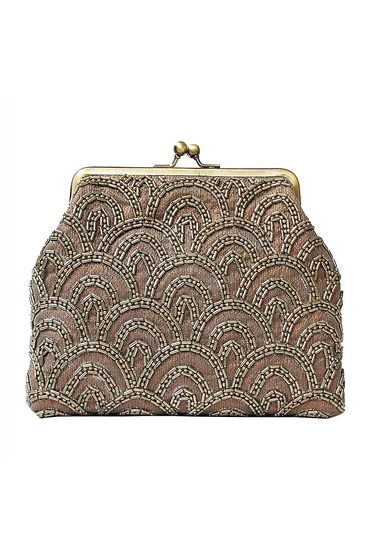 Brown Bugle Beads Embroidered Clutch by Neonia