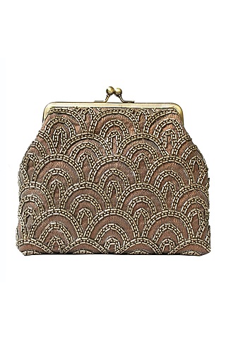 Brown Bugle Beads Embroidered Clutch by Neonia