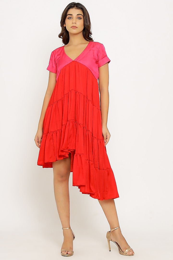 Red & Pink Asymmetrical Dress by Neora by Nehal Chopra