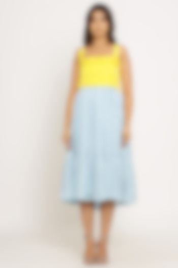 Yellow & Ice Blue Color Blocked Summer Dress by Neora by Nehal Chopra at Pernia's Pop Up Shop