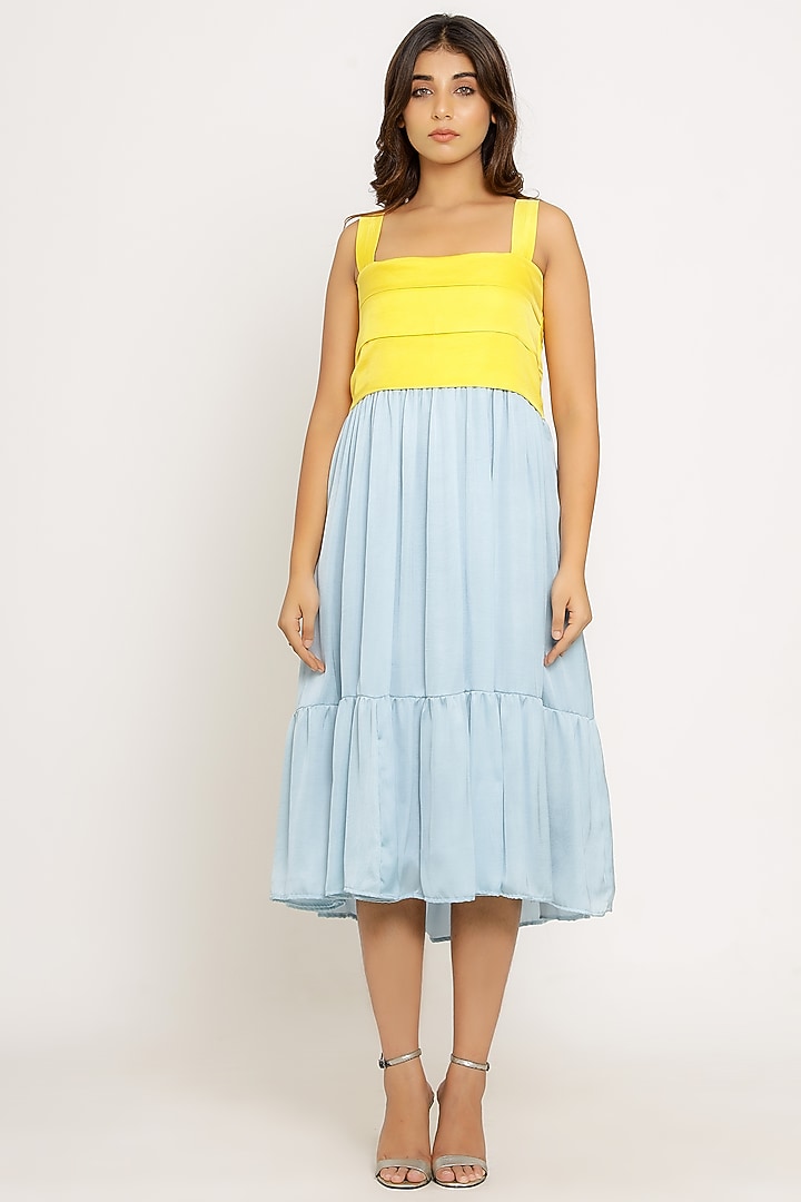 Yellow & Ice Blue Color Blocked Summer Dress by Neora by Nehal Chopra at Pernia's Pop Up Shop