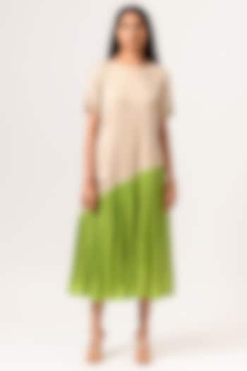 Ecru & Green Gathered Dress by Neora by Nehal Chopra