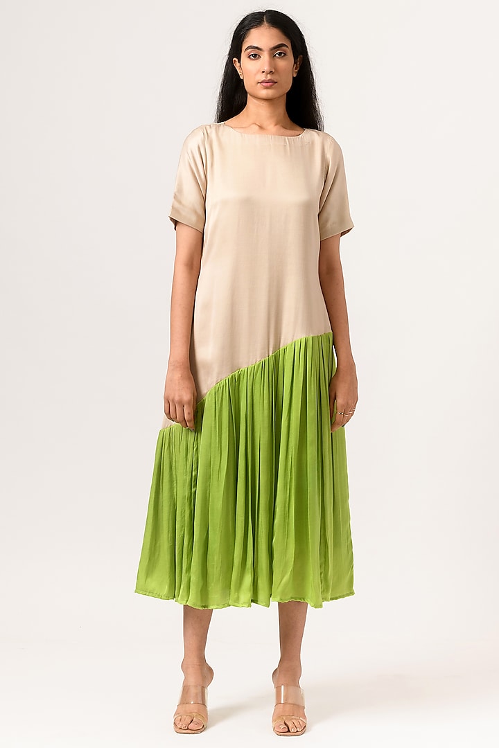 Ecru & Green Gathered Dress by Neora by Nehal Chopra