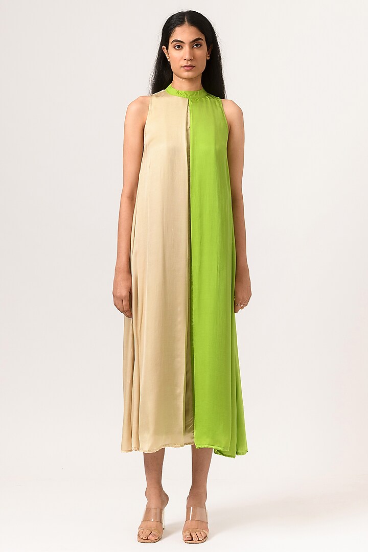 Ecru & Green Halter-Neck Dress by Neora by Nehal Chopra
