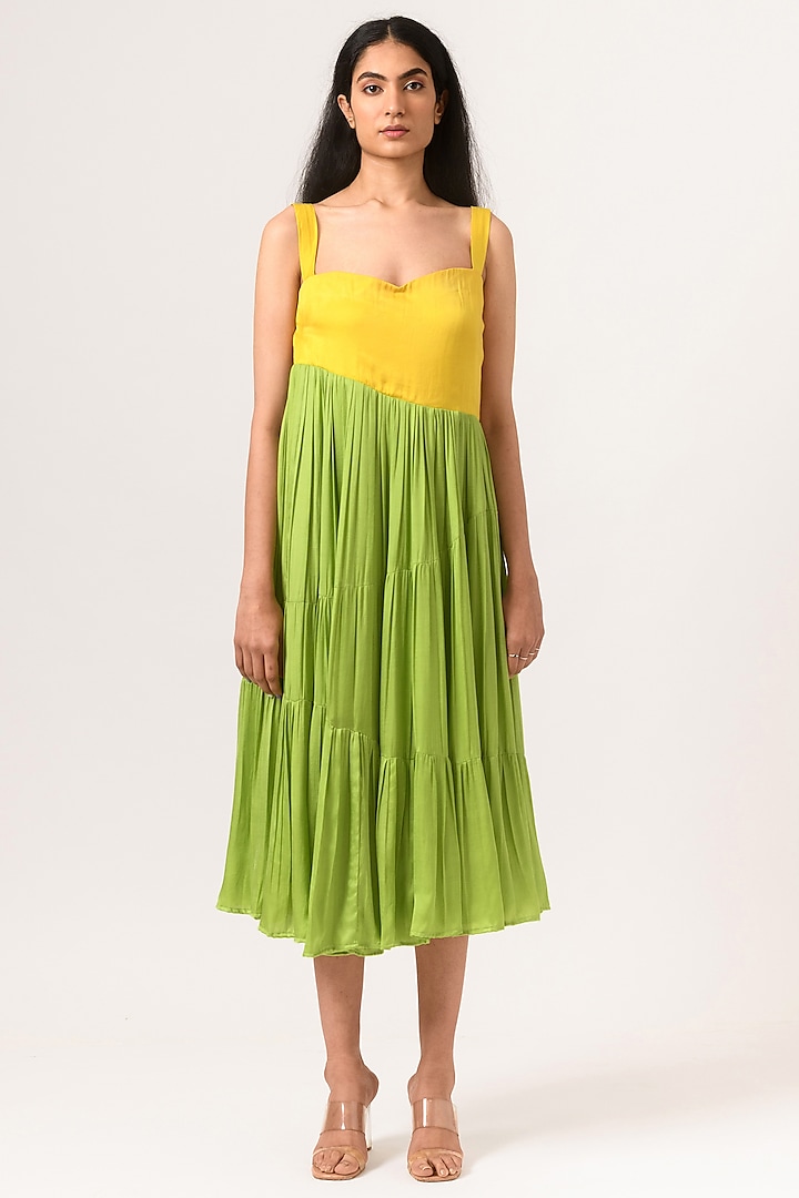 Yellow & Green Gathered Dress by Neora by Nehal Chopra