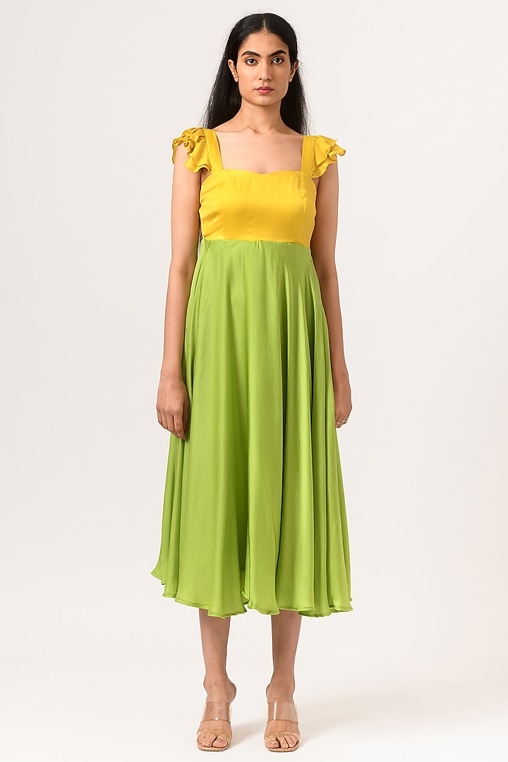 Yellow & Green Sustainable Silk Dress by Neora by Nehal Chopra