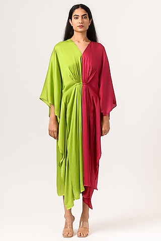 Green & Wine Kaftan Dress by Neora by Nehal Chopra