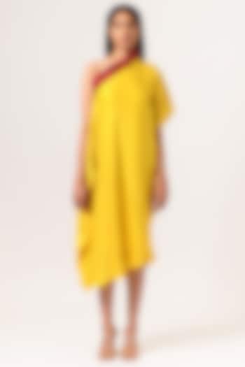 Wine & Yellow One-Shoulder Draped Dress by Neora by Nehal Chopra