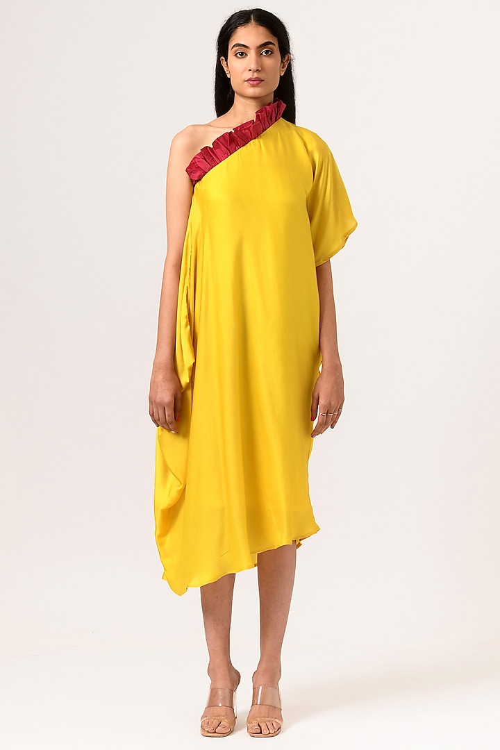 Wine & Yellow One-Shoulder Draped Dress by Neora by Nehal Chopra