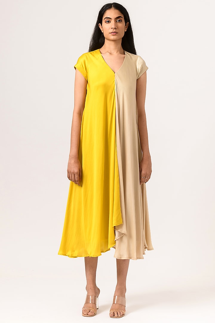 Yellow & Ecru Draped Dress by Neora by Nehal Chopra