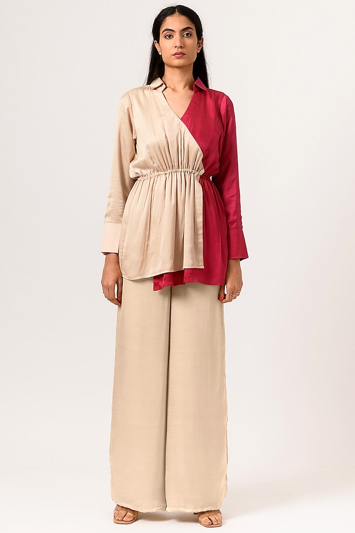 Ecru & Wine Sustainable Silk Co-Ord Set by Neora by Nehal Chopra