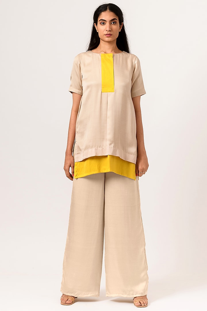 Ecru & Yellow Color Blocked Blouse by Neora by Nehal Chopra