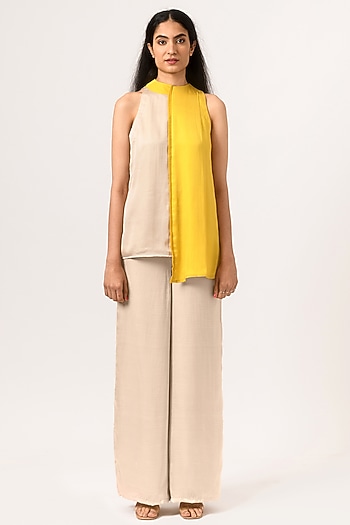 Ecru & Yellow Halter-Neck Blouse by Neora by Nehal Chopra at Pernia's Pop Up Shop