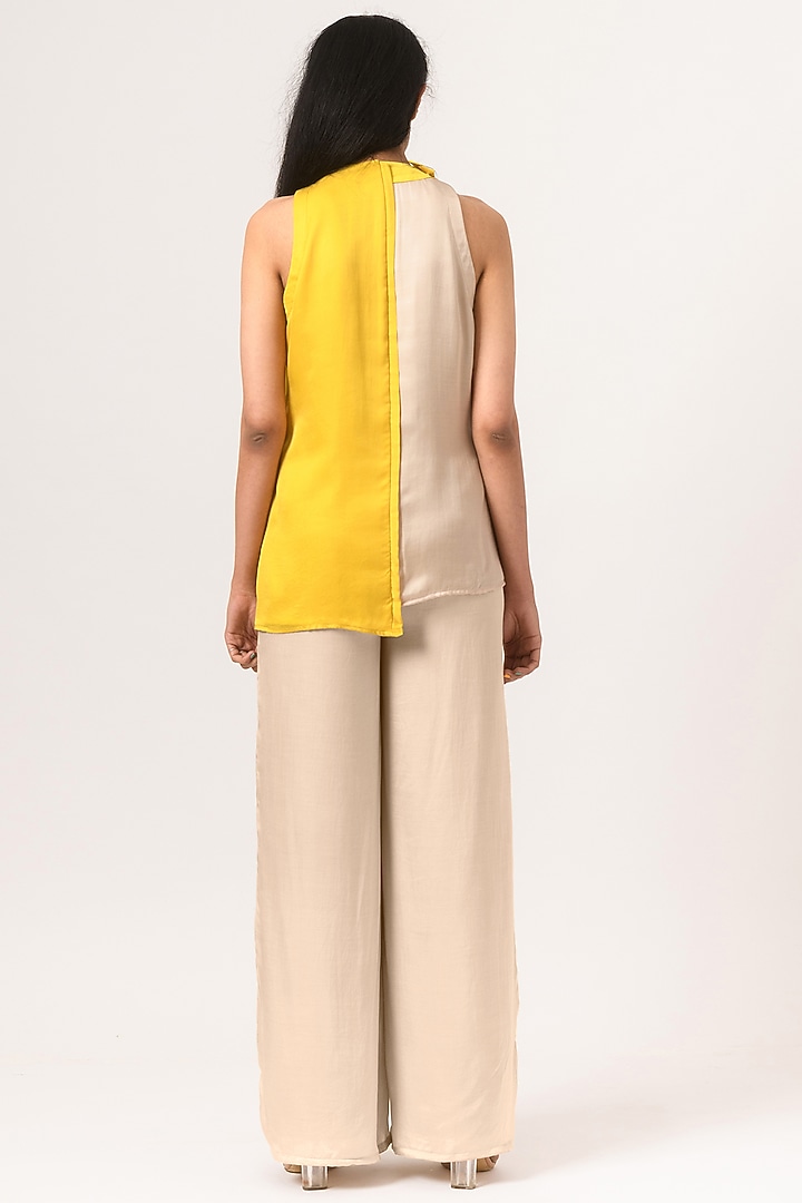 Ecru & Yellow Halter-Neck Blouse by Neora by Nehal Chopra at Pernia's Pop Up Shop
